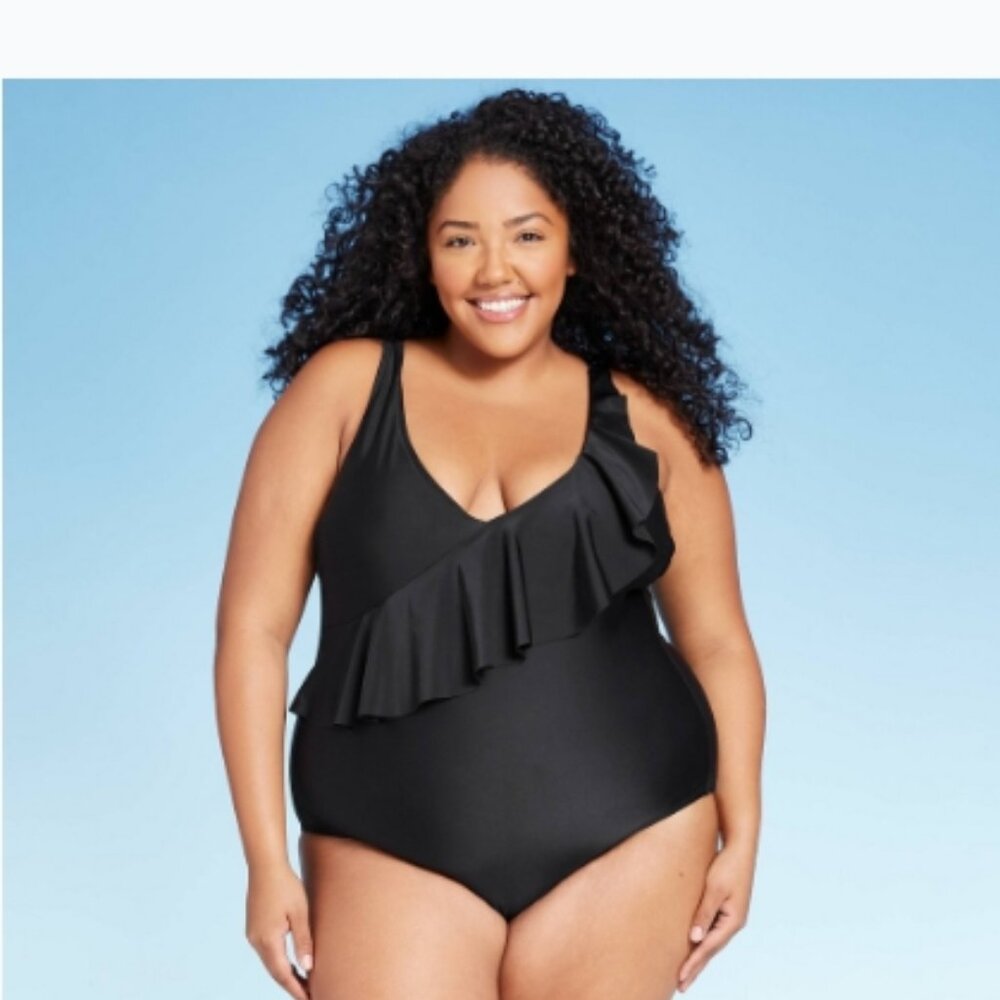 KONA SOL BLACK ASYMMETRICAL SHOULDER RUFFLE HIGH COVERAGE ONE PIECE SIZE 22 W